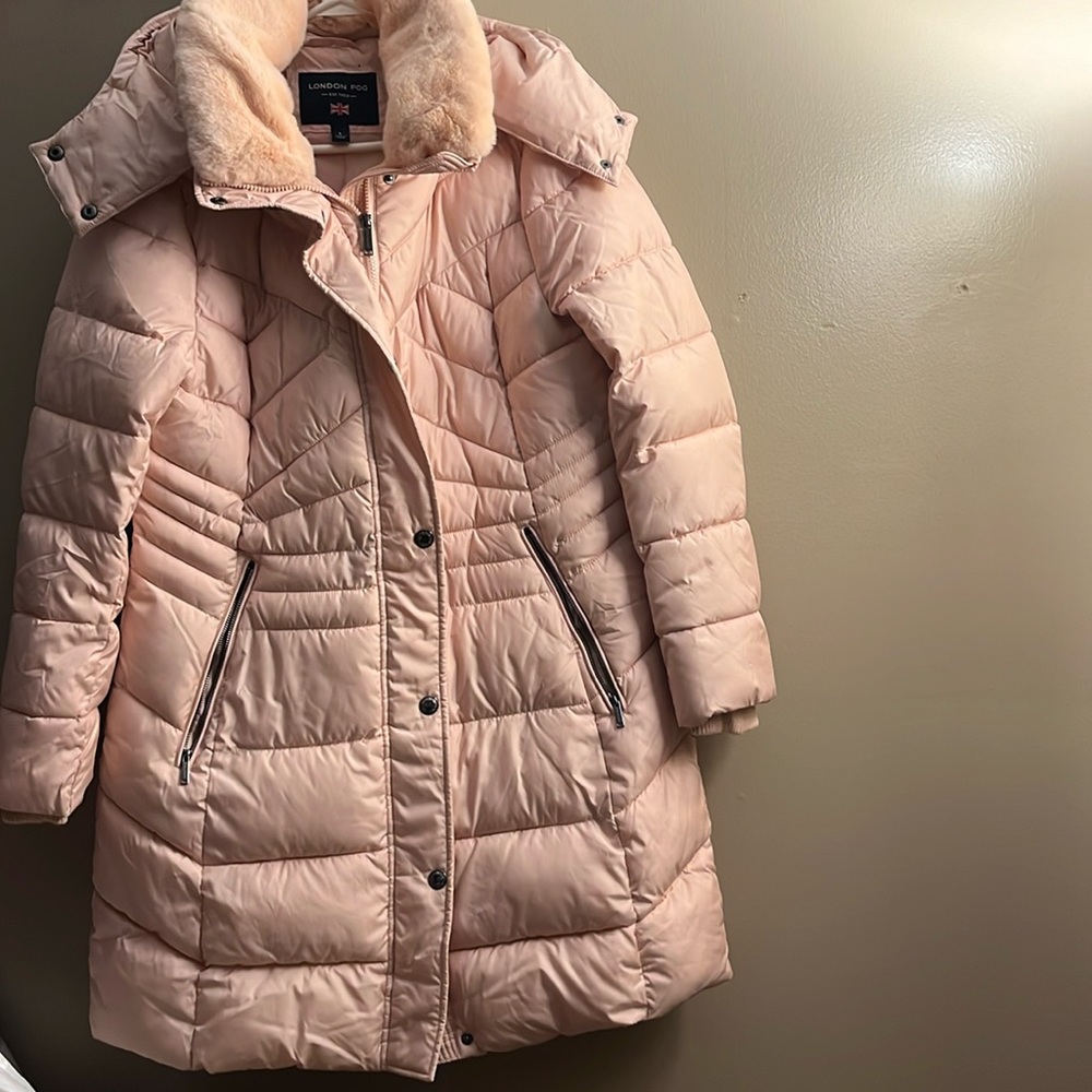 Women’s LONDON FOG Pink L Faux-Fur Hood Puffer Coat
